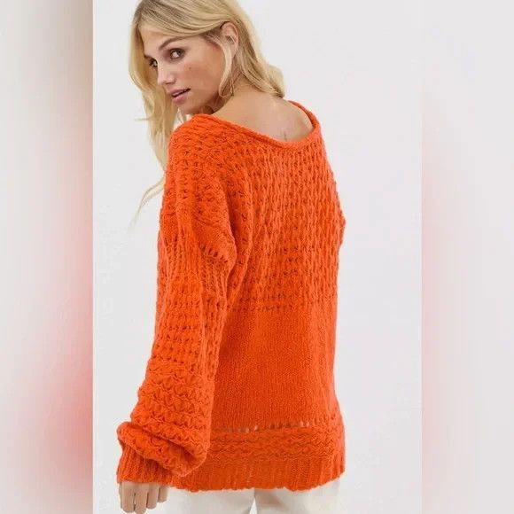 Free People Crashing Waves Pullover Chunky Knit Sweater Orange L - Picture 3 of 11